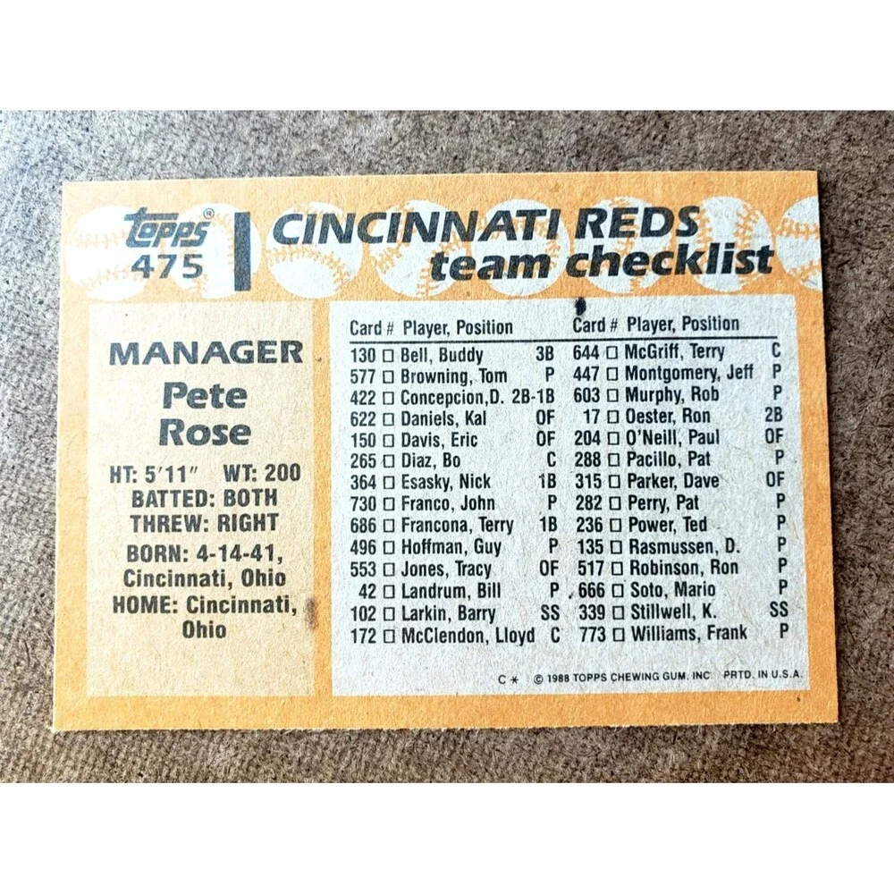 Vintage 1988 Topps PETE ROSE CINCINNATI REDS TEAM CHECKLIST MLB Card 475 CORNERS